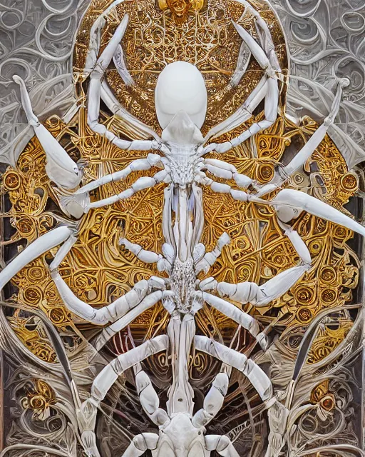 Prompt: symmetry, white marble, white marble bas relief sculpture, white and gold kintsugi, feminine shapes, crabs, spiders, scorpions, tarantulas, stunning, art by hr geiger and ridley scott and alphonse mucha and josephine wall, highly detailed, intricately detailed, art nuevo, octane, 8 k, trending on artstation