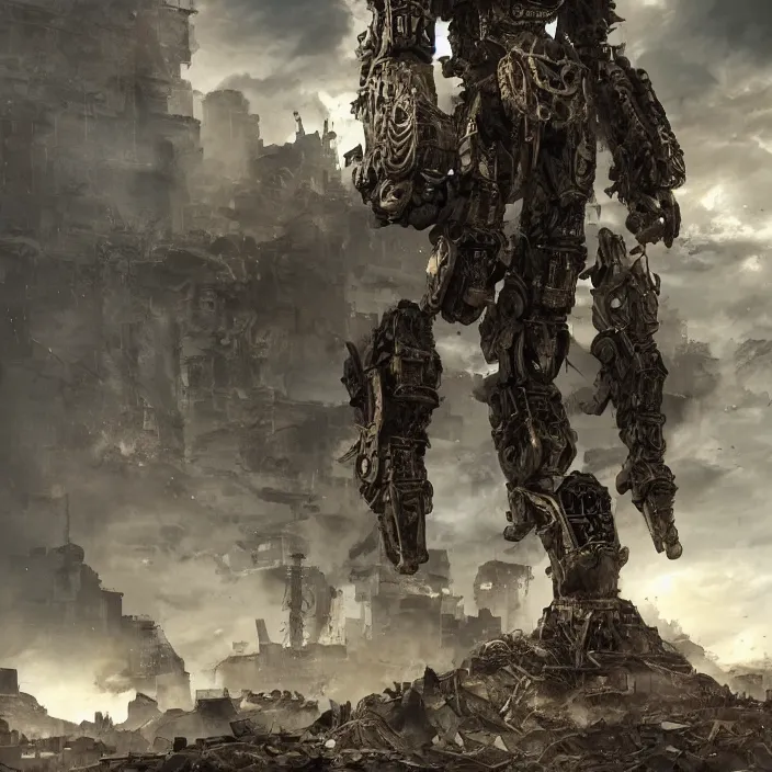 Image similar to mech - warrior with background of crumbling buildings, hyper - detailed, octane render, sharp focus, 4 k ultra hd, fantasy dark art, apocalyptic art