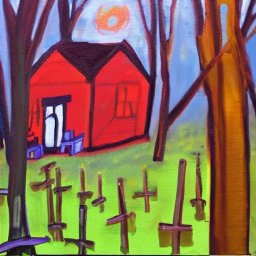 Prompt: a painting of a eerie cabin in the middle of the woods in the style of a kindergarten finger painting