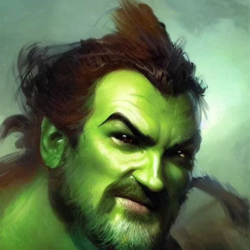 Image similar to well - groomed green - skinned bard, goatee, bald, thoughtful expression, gong, fantasy character portrait by greg rutkowski, gaston bussiere, craig mullins