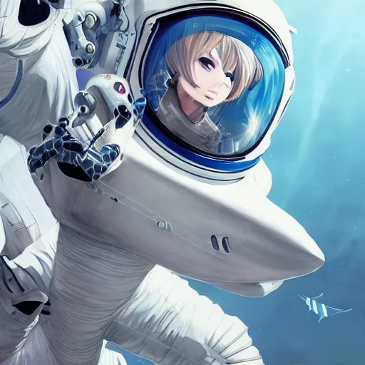 Image similar to a shark in a astronaut suit, 3d, sci-fi fantasy, intricate, elegant, highly detailed, lifelike, photorealistic, digital painting, artstation, illustration, concept art, sharp focus, art in the style of Shigenori Soejima