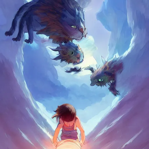 Image similar to a kid riding a monster cat in the night made by studio ghibli beautiful scene fantasy with a lot of lighting and blue colour highly detailed, digital painting, artstation, concept art, smooth, sharp focus, illustration, art by artgerm and greg rutkowski and alphonse mucha