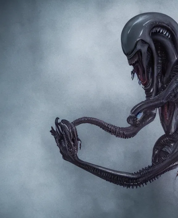 Prompt: xenomorph hugging pale sad beauty merging, dark mist colors, giger background liminal void, digital art, cinematic lighting, realistic, award winning photograph, various refining methods, micro macro autofocus