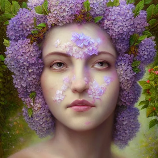 Prompt: portrait of a lilac hair goddess of light through hydrangeas flowers, soft rose and dried petals, painterly, highly detailed, 8 k, by tomasz alen kopera, h 6 6 0