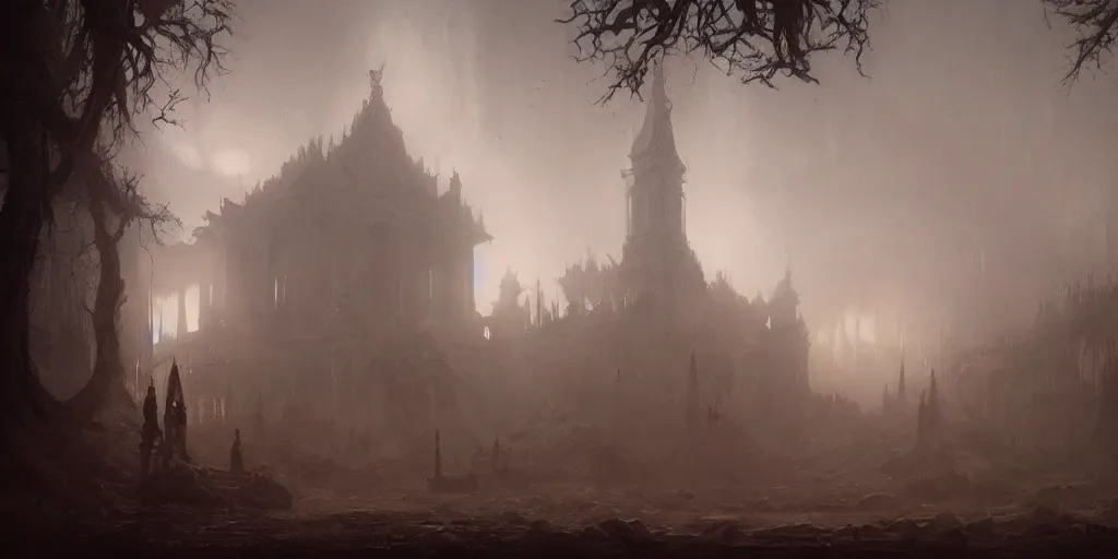 Image similar to Hyper realistic painting depicting temple of an eldrich god, horror, fog, dark fantasy, volumetric lighting, by greg rutkowski, trending on artstation