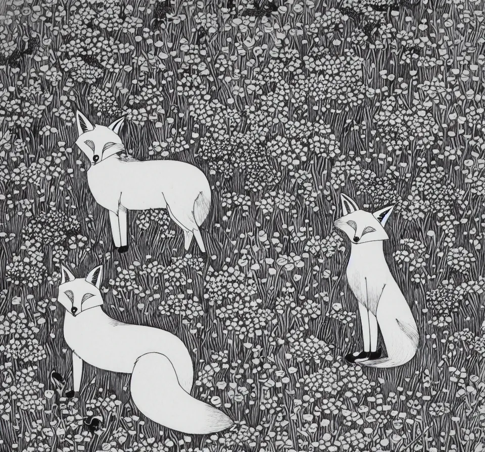 Image similar to fox playing in tranquillity garden black ink drawing by james jean very detailed high contrast xuan paper lush background