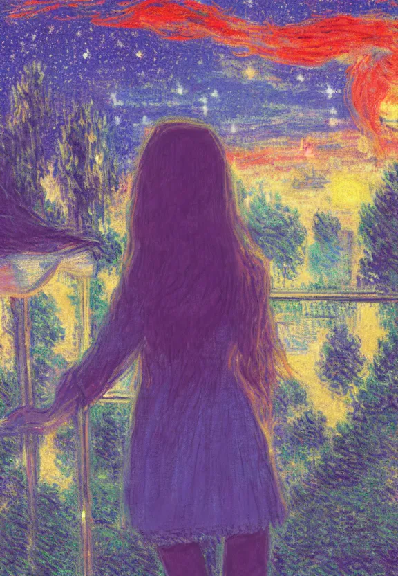 Image similar to wide angle portrait of a teenage girl, a thrifty outfit, somewhat of an anime in impressionist style, city street view background, starlit night sky, trending artwork, illustrated in anime painter studio, by claude monet and an anime artist, collaboration