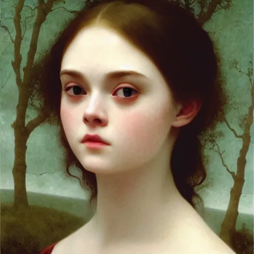 Image similar to A cursed haunted horror masterpiece head and shoulders portrait of Elle Fanning by William Adolphe Bouguereau and Junji Ito