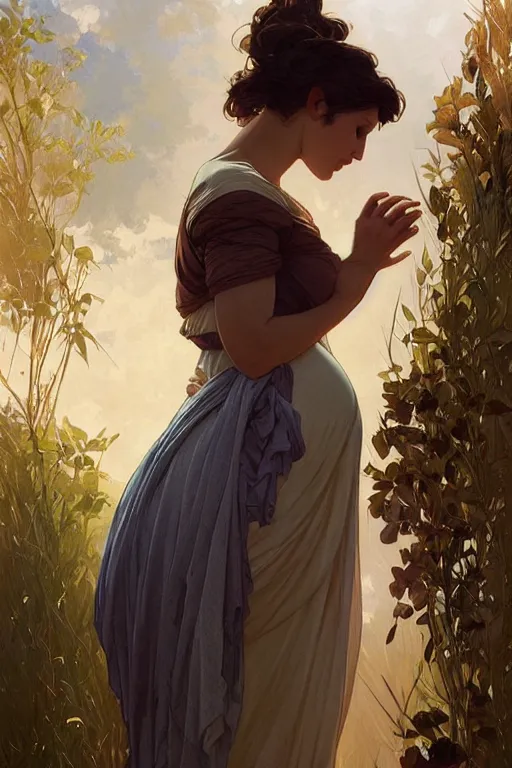 Image similar to rural pregnant woman doing laundry, portrait, elegant, intricate, digital painting, artstation, concept art, smooth, sharp focus, illustration, art by artgerm and greg rutkowski and alphonse mucha