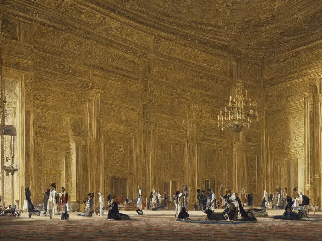 Prompt: Grand Interior of the Sultan's Opulent Palace, art by Ludwig Deutsch