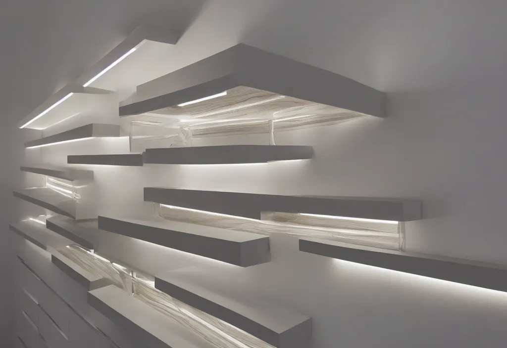 Prompt: led strip lighting on shelving, up close, homes and gardens, super detailed render, award winning,