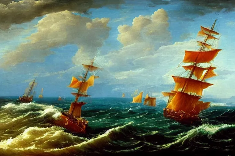 Image similar to beautiful ocean landscape man o war ship sailing with waves, mythology, fantasy, landscape background, vivid colors, digital painting, very detailed, realistic, high quality, by claude lorrain