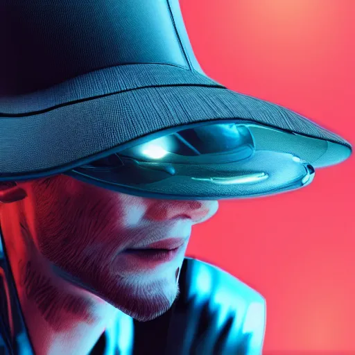 Image similar to a flat brim hat from the future, cyberpunk, highly detailed, epic lighting, hyper photorealism, 8 k