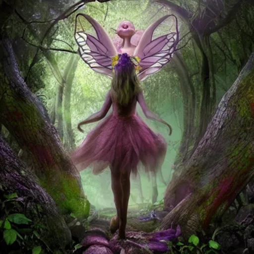 Image similar to a doomed fairy walking towards a ravenous, horrific portal to hades embedded in a creepy tree in a densely overgrown, magical jungle, fantasy, dreamlike sunraise, stopped in time, dreamlike light incidence, ultra realistic