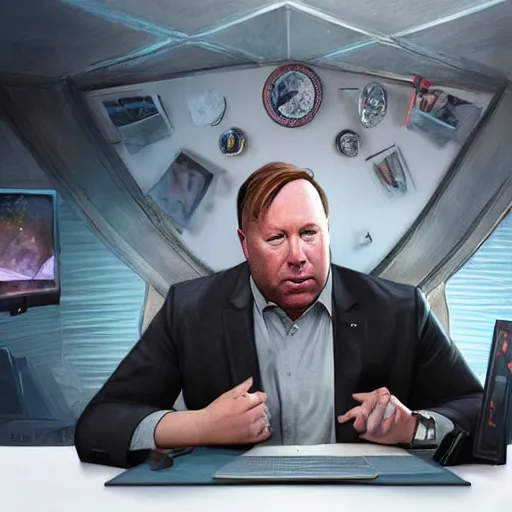 Image similar to hyperrealistic mixed media image of info wars alex jones wearing hat at desk, stunning 3 d render inspired art by xiang duan and thomas eakes and greg rutkowski, perfect facial symmetry, hyper realistic texture, realistic, highly detailed attributes and atmosphere, dim volumetric cinematic lighting, 8 k octane detailed render, post - processing, masterpiece,