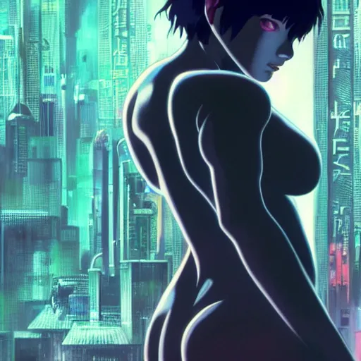 Prompt: ghost in the shell concept art, trending on artstation, by frank frazetta and thomas kinkade and ilya kuvshinov and hayao miyazaki, 4 k wallpaper, advanced lighting technology, beautiful masterpiece