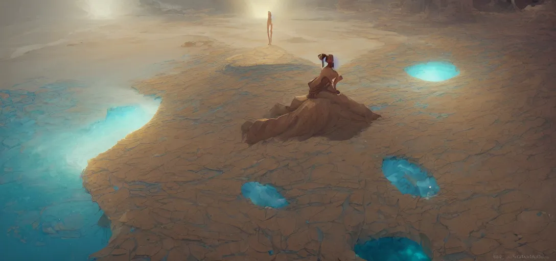 Image similar to a golden salt flat surrounded by dunes with a ruined statue of a woman emerging from the blue sand, illustrated, epic composistion, by peter mohrbacher, victo ngai, greg rutkowski, artgerm, volumetric lighting, surreal flat colors, concept art