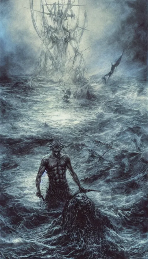 Image similar to man on boat crossing a body of water in hell with creatures in the water, sea of souls, by luis royo,