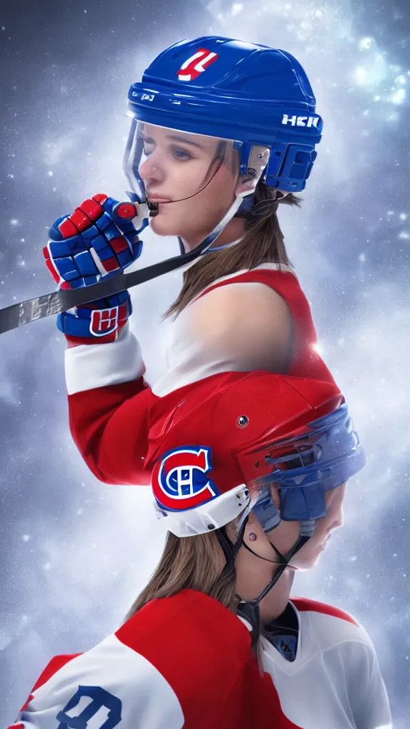 Image similar to habs, female ice hockey player, high-tek helmet, futuristic, unreal engine, lasers, 8k, artstation