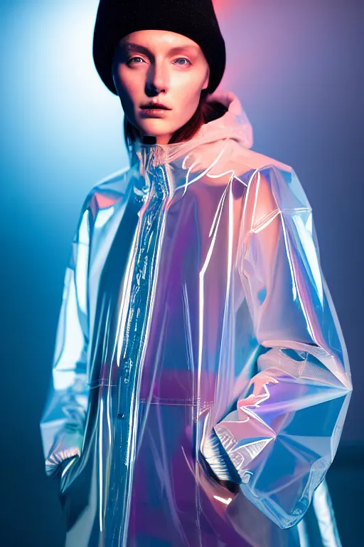 Image similar to an ultra high definition professional high fashion portrait studio full length photograph of a model wearing a transparent pearlescent raincoat and neon visor in an icelandic black rock environment at dawn. no artefacts. extremely detailed. stark. refraction. shallow depth of field. volumetric light and shadow. ray tracing. light rays.