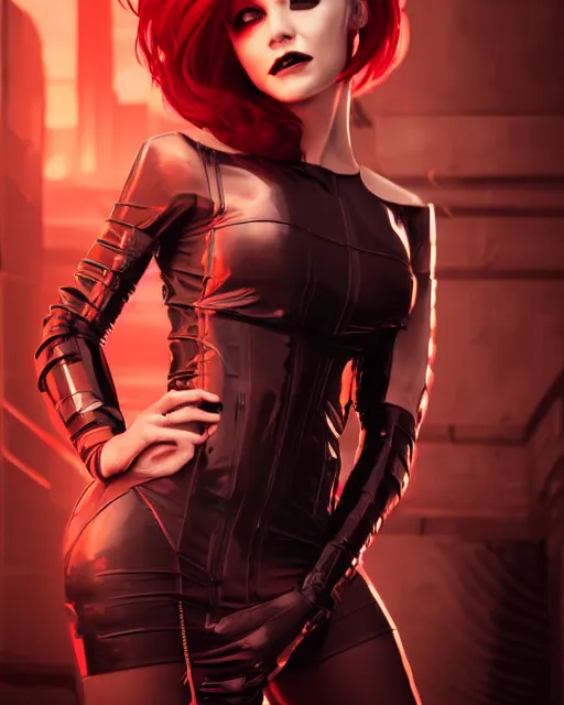 Prompt: Portrait of a futuristic rogue by Charlie Bowater, latex dress, gothic, short red hair, complementary rim lights, backlit, posing, cyberpunk city backdrop