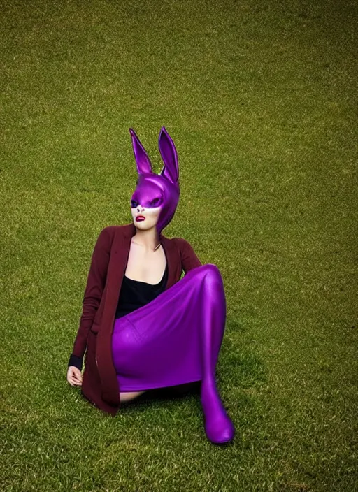 Prompt: a female sitting in the grass while her legs are pointing to the sky, she's wearing a very high leather boots with a much longer royal white socks, wearing a red matte long sleeves that are very loose at each end, she's wearing a very short dark matte violet skirt, golden jewelries, pointy bunny ears, 4 white tails with a red him at each end, very detailed beautiful face, smiling seductively, 4k quality, trending on Artstation, art by ZeargeanT