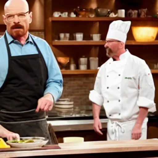 Prompt: a still of walter white competing on the cooking show chopped, still