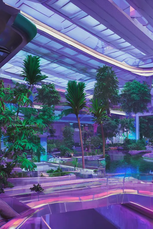 Image similar to photo of a vaporwave aesthetic indoor liminal 90s mall with a lazy river, long shot, concept art, environmental art, cycles render, caustics water, midnight, volumetric lighting , 4k octane render, intricate detail, photorealistic , cinematic lighting, Artstation