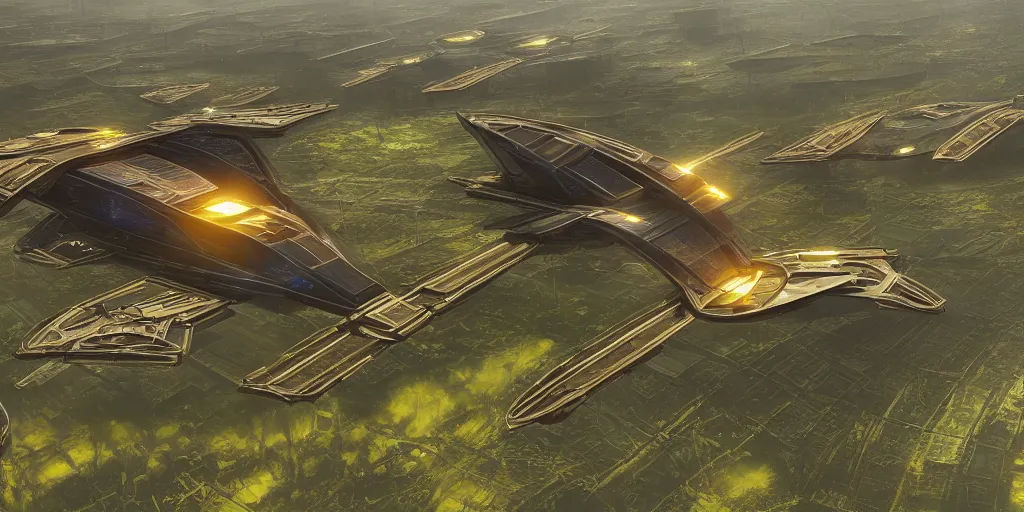 Image similar to solarpunk spaceship hovering over fields and small houses, science fiction digital art, award winning, trending on artstation, digital art. highly detailed 8 k. intricate. lifelike.