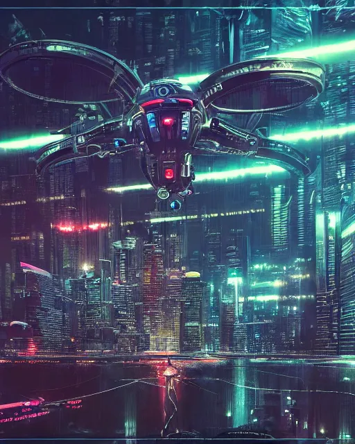 Image similar to cyberpunk drone above a city, scifi, futuristic, neon light, highly detailed, concept art, sharp focus, trending on artstation, intricate, atmosphere, raining, art by roman makarenko, dzung phung dinh