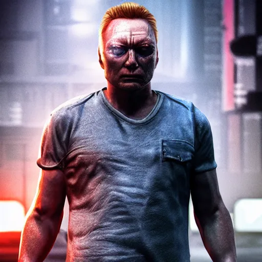 Prompt: limmy brian limond as the terminator, realistic, wide shot, sunny lighting, octane render, hyper realistic, high quality, highly detailed, hd, beautiful, cinematic, 8 k, unreal engine, facial accuracy,