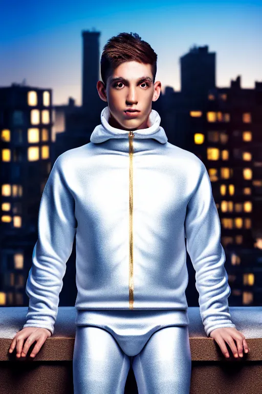 Image similar to un ultra high definition studio quality photographic art portrait of a young man standing on the rooftop of a british apartment building wearing soft padded silver pearlescent clothing. three point light. extremely detailed. golden ratio, ray tracing, volumetric light, shallow depth of field. set dressed.