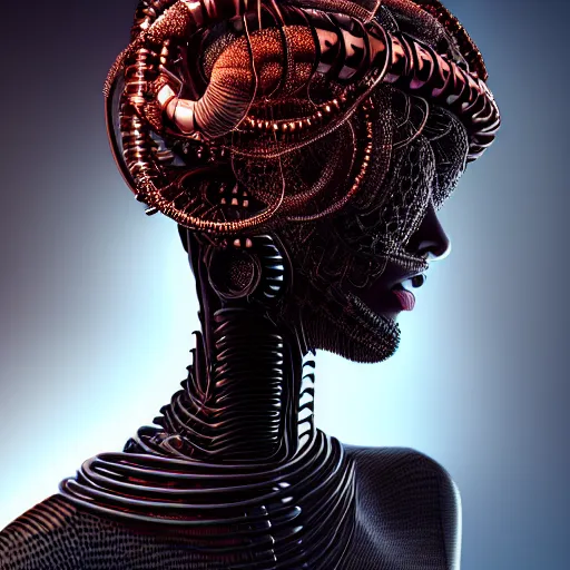 Image similar to portrait of an absurdly beautiful, graceful, sophisticated, fashionable black cyberpunk mechanoid gravure idol, hyperdetailed illustration by irakli nadar, matt wisniewski style, intricate linework, fashion photography, dark black porcelain skin, jellyfish headdress, brown eyes, unreal engine 5 highly rendered, red light, detailed and intricate environment