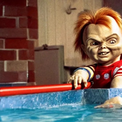 Image similar to chucky as a cool pool champ, movie still