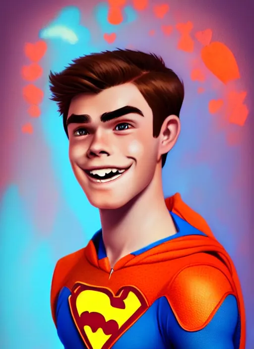 Image similar to friendly teenage archie andrews wearing an orange superhero costume with heart logo, heart, freckles, blue cape, heart emblem on chest, blue cape, intricate, elegant, glowing lights, highly detailed, digital painting, artstation, sharp focus, illustration, art by wlop, mars ravelo and greg rutkowski