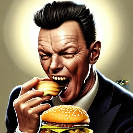 Image similar to portrait of a Frank Sinatra eating a hamburger, extra onions and ketchup, luscious patty with sesame seeds, masculine, handsome, D&D, fantasy, intricate, elegant, highly detailed, digital painting, artstation, concept art, matte, sharp focus, illustration, art by Artgerm and Greg Rutkowski and Alphonse Mucha