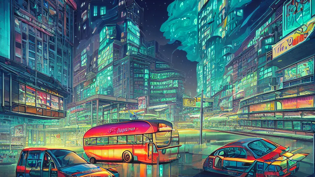 Image similar to bus terminal in the the city at night by cyril rolando and naomi okubo and dan mumford. flying cars. advertisements. neon.