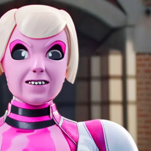 Image similar to A still of Gwenpool in Deadpool 3 (2023), blonde hair with pink highlights, no mask, white and light-pink outfit, smiling and winking at the camera, comics accurate design