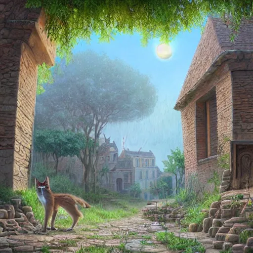 Image similar to cute fluffy caracal in ancient greek town, a beautiful landscape by gediminas pranckevicius