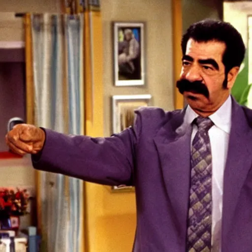 Prompt: A still of Saddam Hussein in a 1980s sitcom