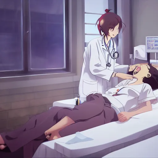 Image similar to a cute and beautiful young female doctor wearing white coat are taking care of an old patient on a bed in a hospital ward, slice of life anime, lighting, anime scenery by Makoto shinkai