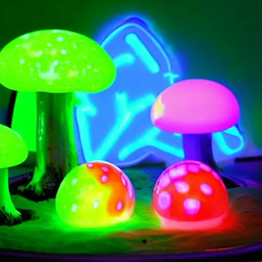 Prompt: glowing neon mushrooms and blue frogs with glowing eggs, hyper realistic