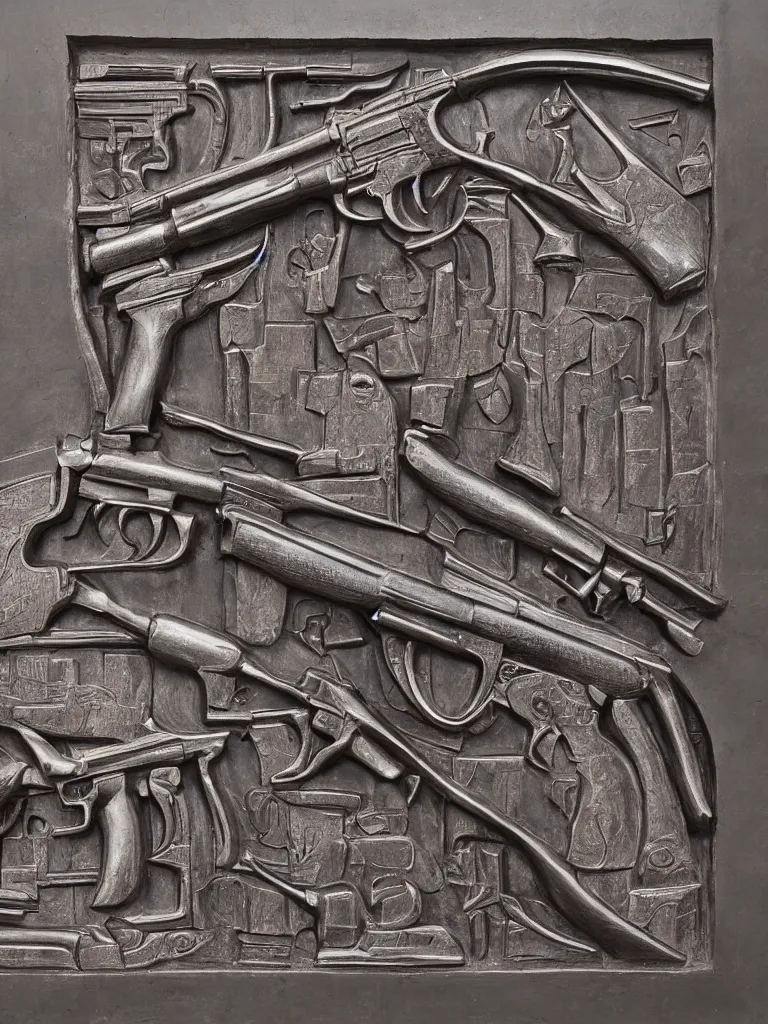 Prompt: relief sculpture carving in cast iron steel of machine guns shotguns rifles revolvers bullets, industrial dramatic dynamic lighting, hyperrealistic, ultrarealistic, intricate details, 4k