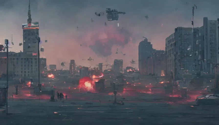 Image similar to warsaw downtown, soldiers and mech fight, simon stalenhag, 4 k, ultra detailed, explosions and smoke