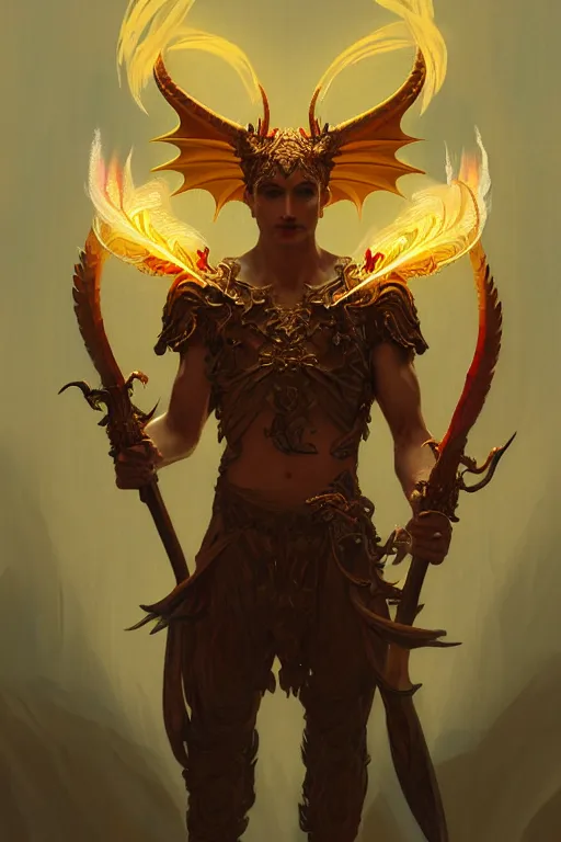 Prompt: full figure beautiful young fit antrophomorphic male dragon, great horns, big symmetrical wings, armed with a flaming sword luminous scene, by greg rutkowski and alphonse mucha, d & d character, gradient yellow to red, in hell, highly detailed portrait, digital painting, artstation, concept art, smooth, sharp focus illustration, artstation hq