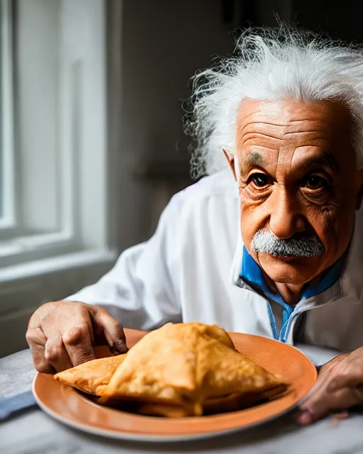 Image similar to a portrait of albert einstein sitting at the dining table with a plate containing samosas in front of him, highly detailed, trending on artstation, bokeh, 9 0 mm, f / 1. 4