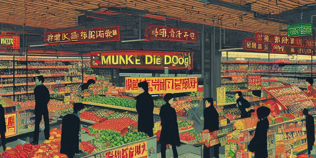 Prompt: a supermarket in hong kong, by dan mumford and peter doig and edward hopper, symmetrical, minimal, black ink, thick lines highly detailed, muted colours, overlaid with chinese adverts, 8 k