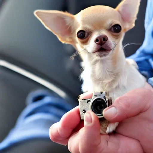 Prompt: a chihuahua holding a camera