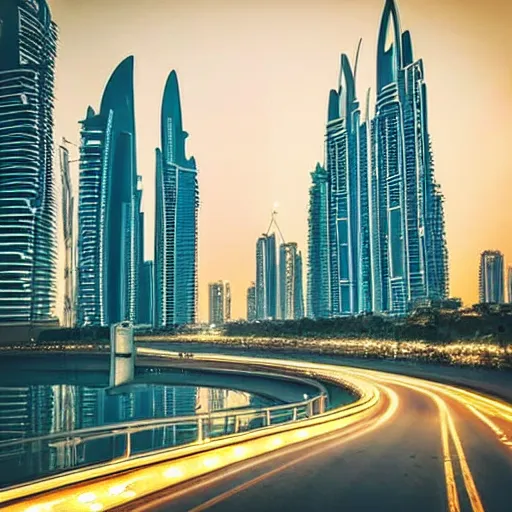 Prompt: “most advanced Dubai city dramatic lighting detailed beautiful sunset road network vegetation water lights birds clouds proportional symmetrical minimalism photorealistic sky render octane architecture design planning”