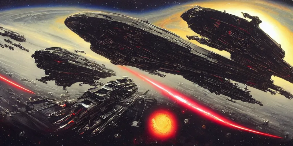 Prompt: a massive fleet of spaceships in space, red and black, futuristic design, railguns and laser weapons, art by h. r. giger, vincent di fate, chris foss, digital art, beautiful and detailed painting, 8 k, high quality, trending on artstation and deviantart